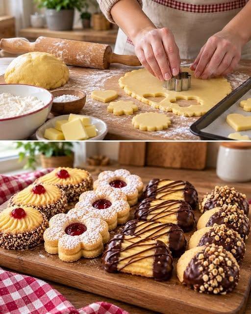 Vier Plätzchensorten mit Marmelade, Kuvertüre und gehackten Haselnüssen
