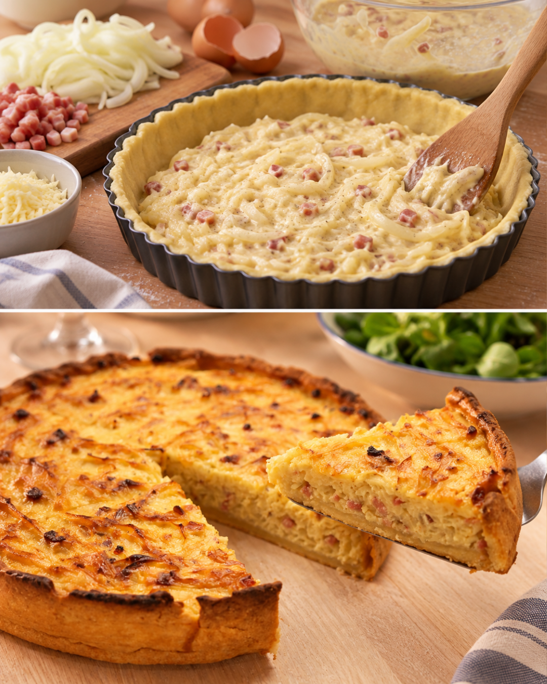 Zwiebelkuchen mit Mürbeteig, Speck und Schmand bei der Zubereitung und als gebackenes Stück