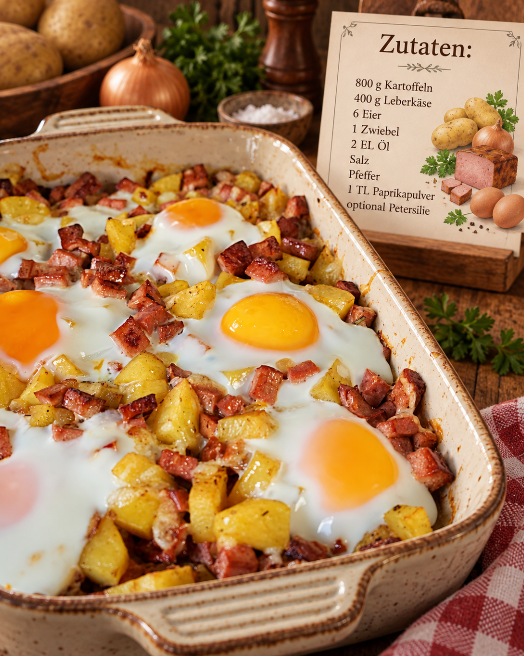 Bratkartoffel-Leberkäse-Auflauf mit sechs Spiegeleiern in einer Keramikform und Zutatenkarte im Hintergrund