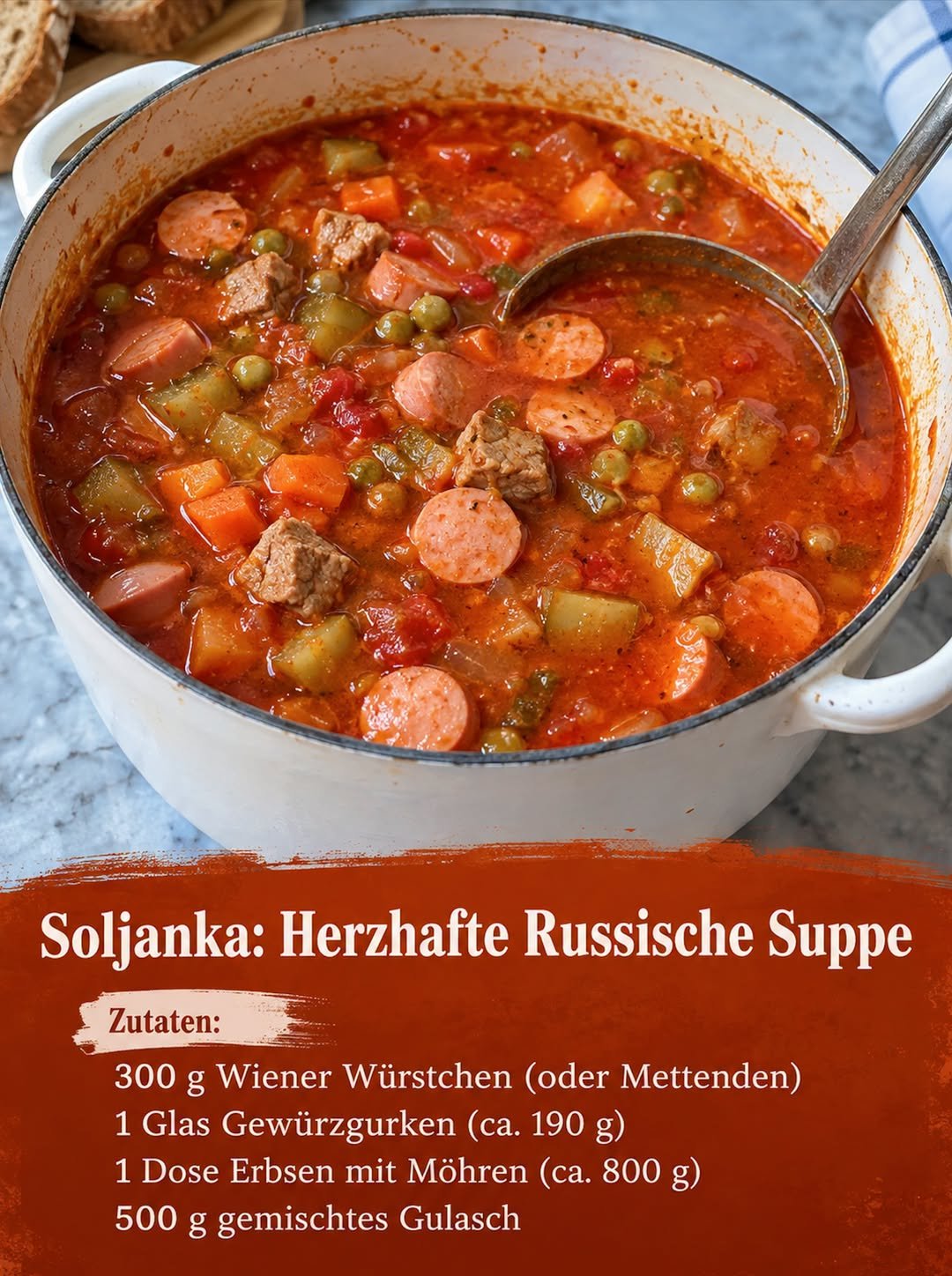 Deftige Soljanka mit Gulasch, Fleischwurst, Wiener Würstchen, Paprika und Gewürzgurken