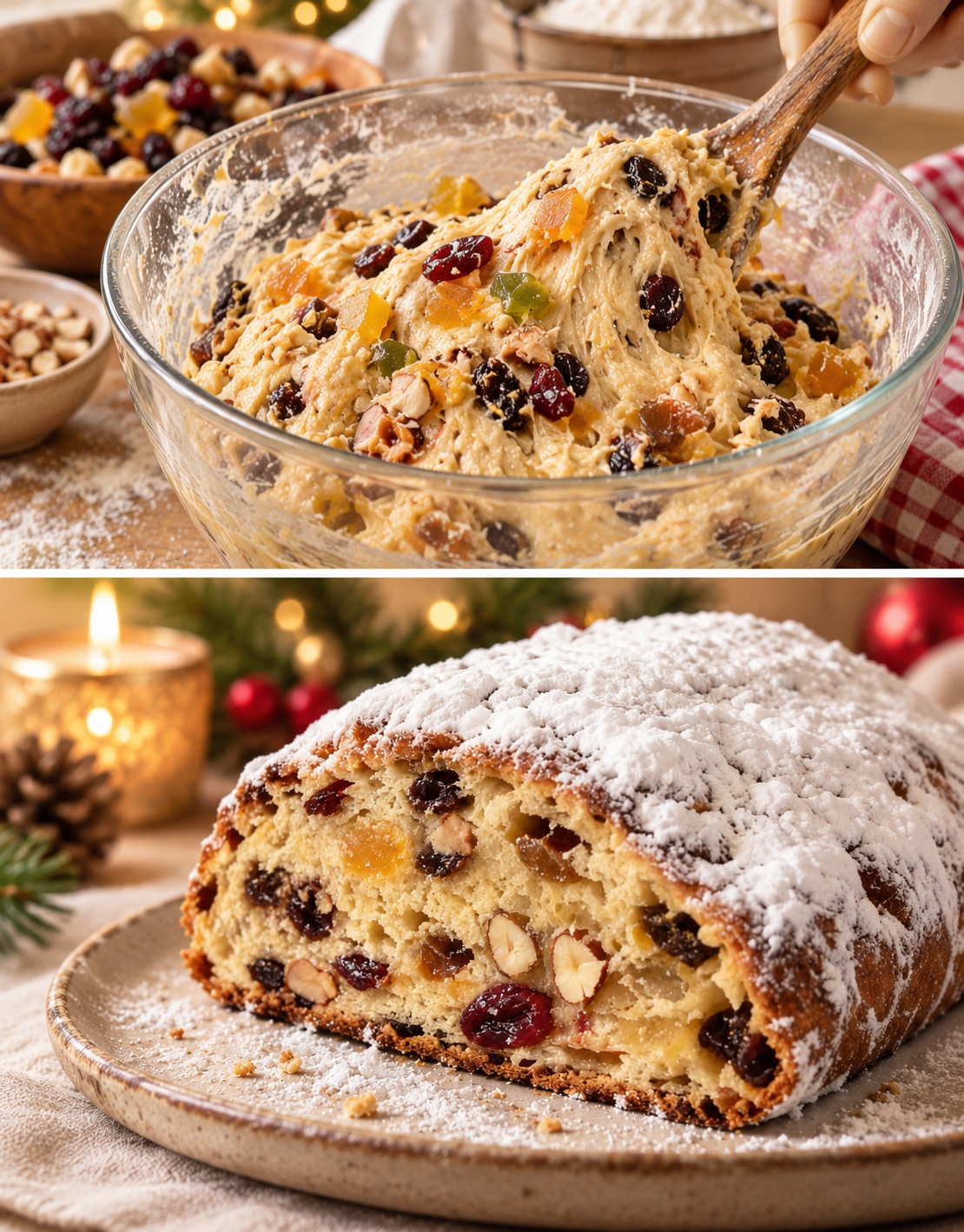 Klassischer Christstollen mit Butter, Rosinen und Mandeln