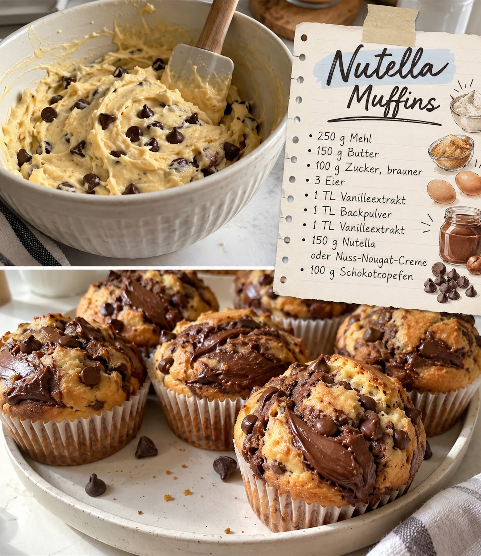 Muffins mit Nutella-Marmorierung und Schokotropfen in Papierförmchen