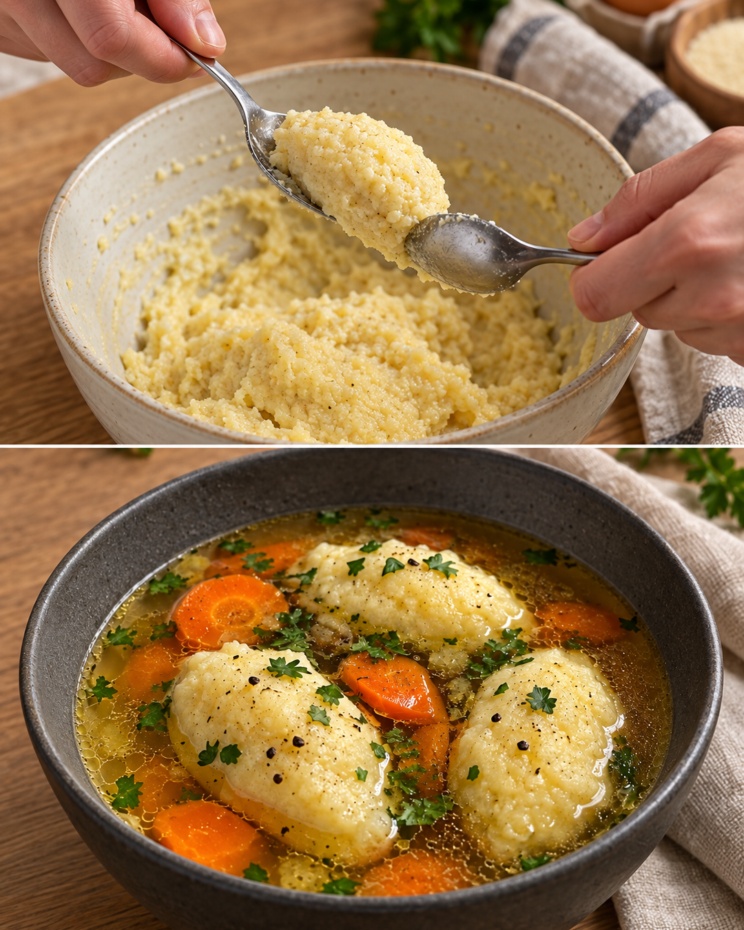 Grießnockerlsuppe mit Möhrenscheiben und Petersilie; oben die Zubereitung der Grießnockerl