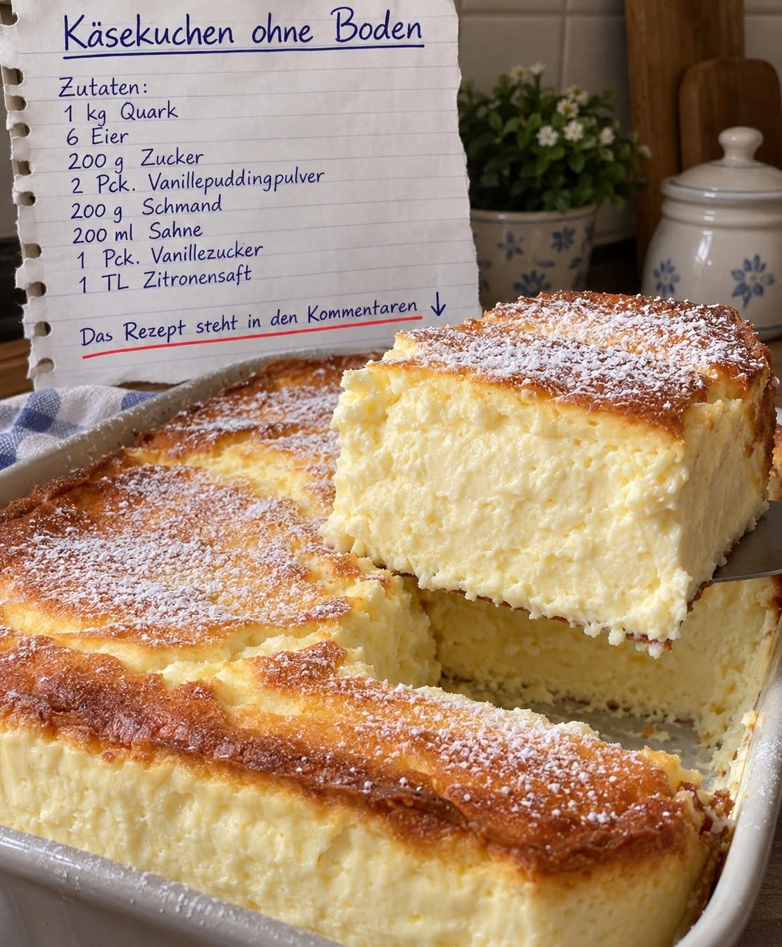 Quark-Puddingkuchen ohne Boden mit goldbrauner Oberfläche und Puderzucker, angeschnitten in einer rechteckigen Form