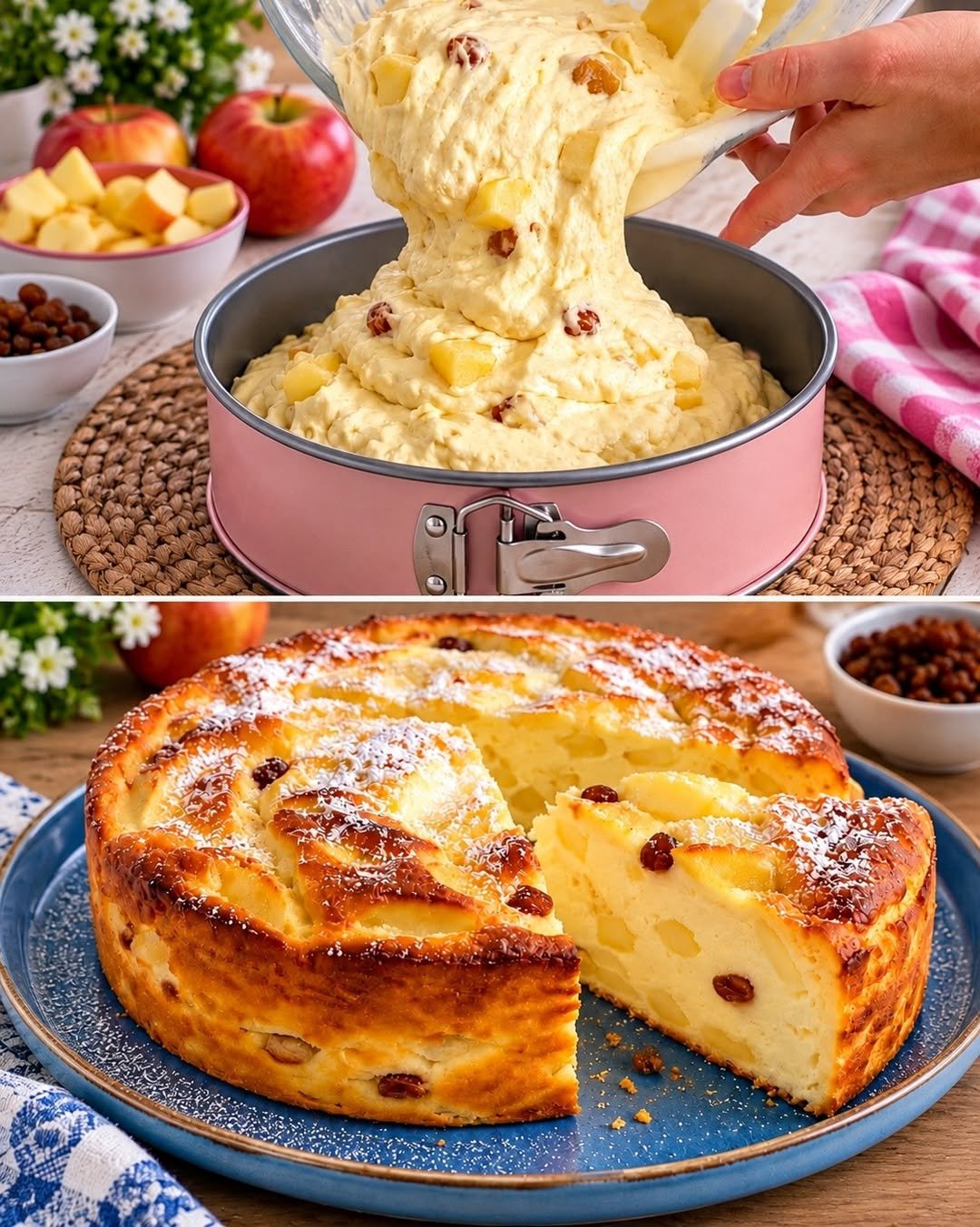 Collage: Quarkmasse mit Apfelstücken und Rosinen in einer Springform, darunter der angeschnittene Apfel-Quark-Kuchen ohne Boden.