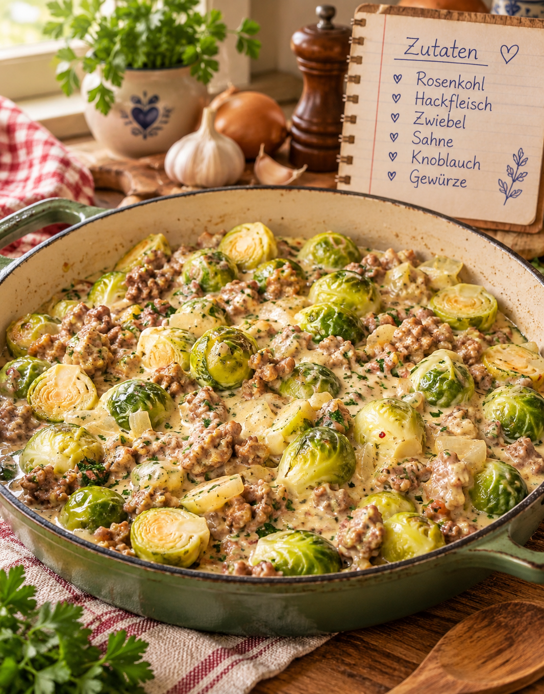 Rosenkohl und Hackfleisch in cremiger Frischkäse-Senfsoße
