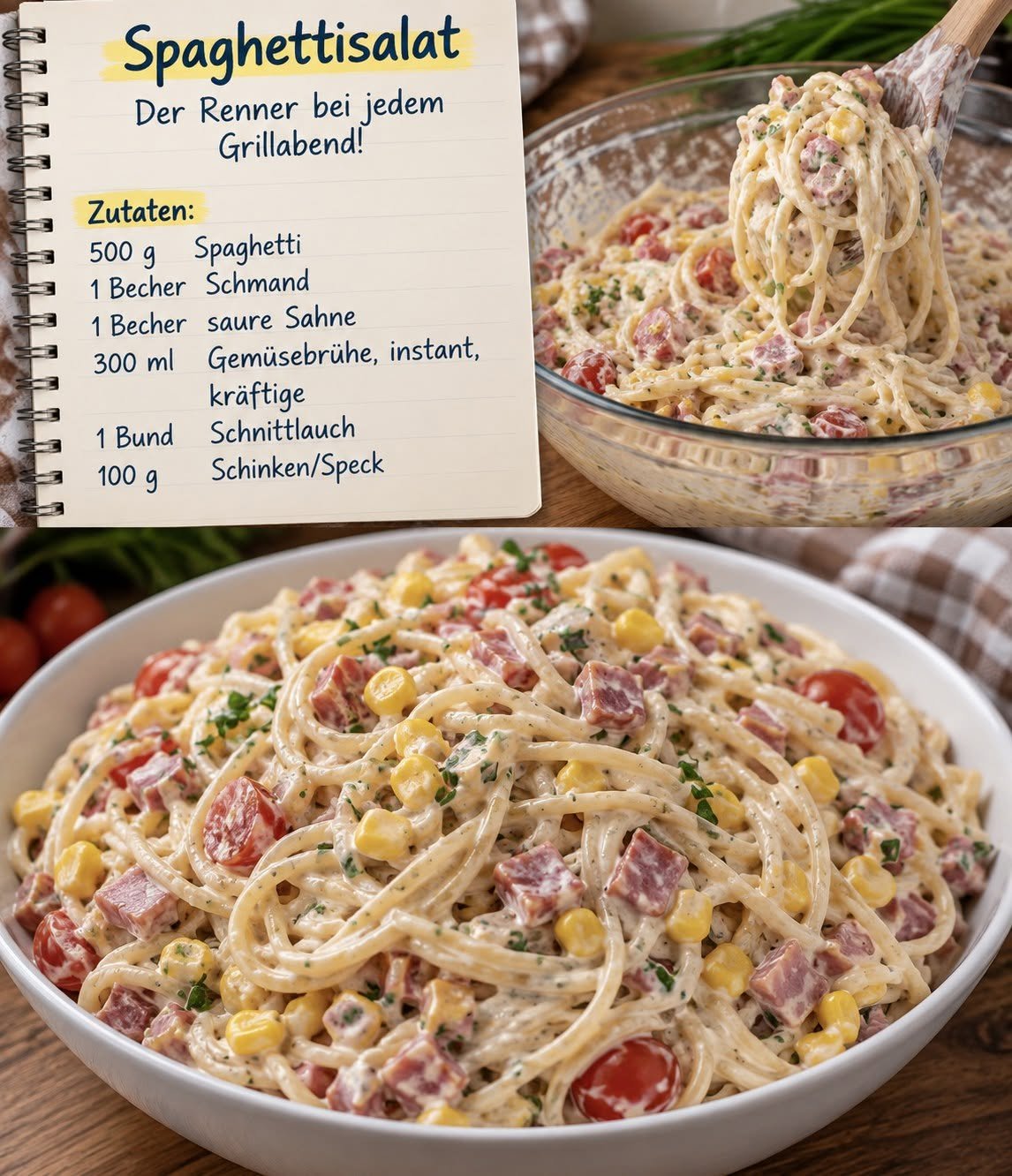 Spaghetti mit Schinken, Mais und halbierten Tomaten in einem Schmand-Dressing